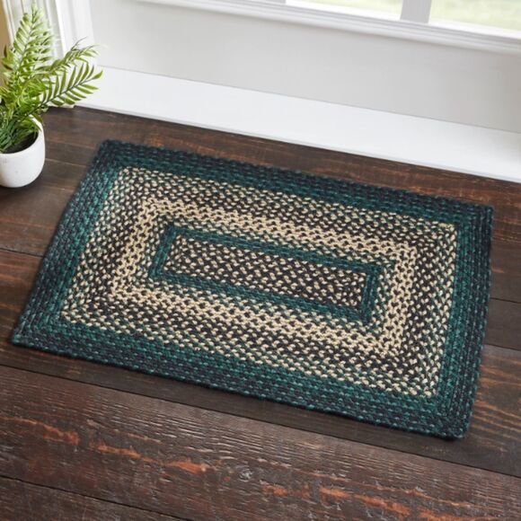 Farmhouse Jute Braided Rectangle Throw Rug Pine Green Tan Floor Mat Rustic - Picture 1 of 5